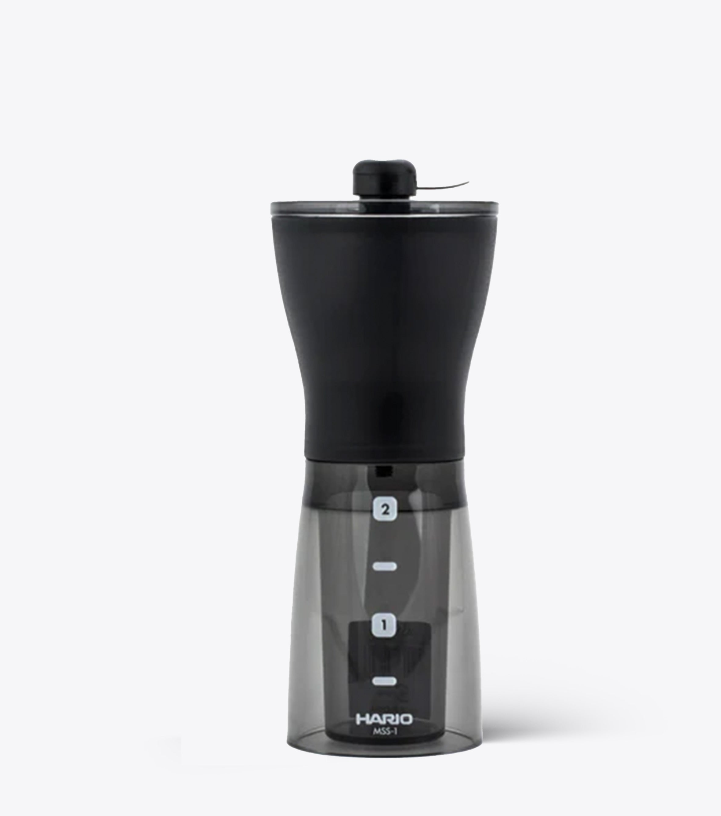 Black and transparent coffee grinder with HARIO branding on a white background