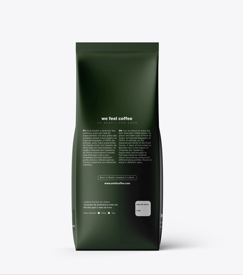 Dark green coffee bag with white text on a white background