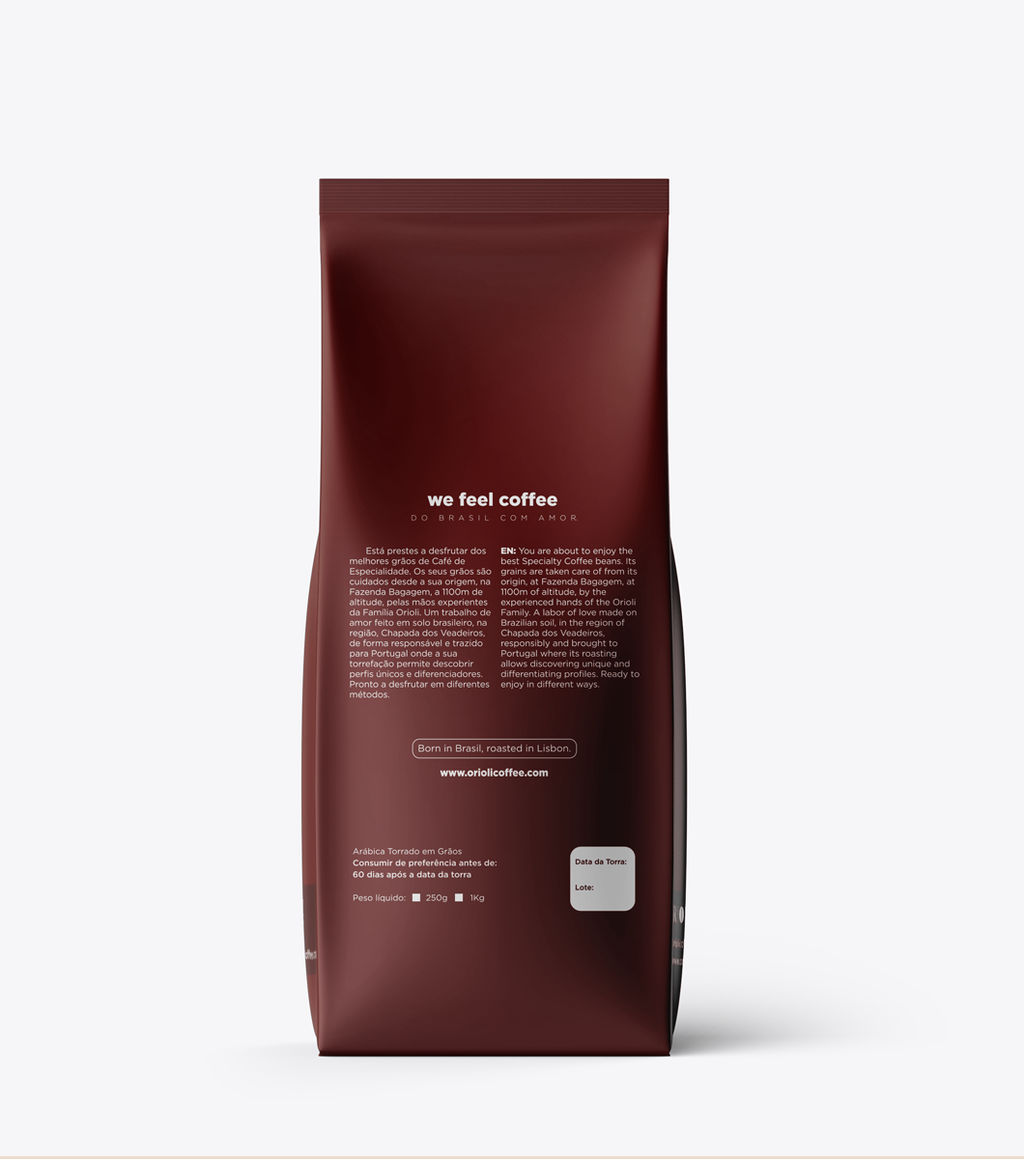 Red coffee bag with 'we feel coffee' branding on a white background