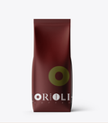 Red coffee bag with 'Oroli Coffee' branding on a white background