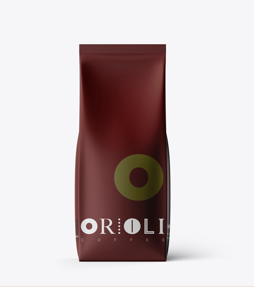 Red coffee bag with 'Oroli Coffee' branding on a white background
