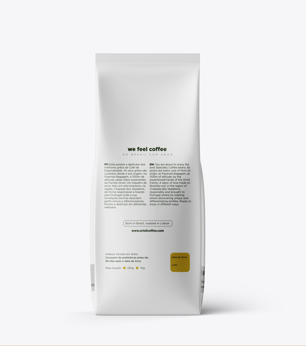 White coffee bag with black text on a white background