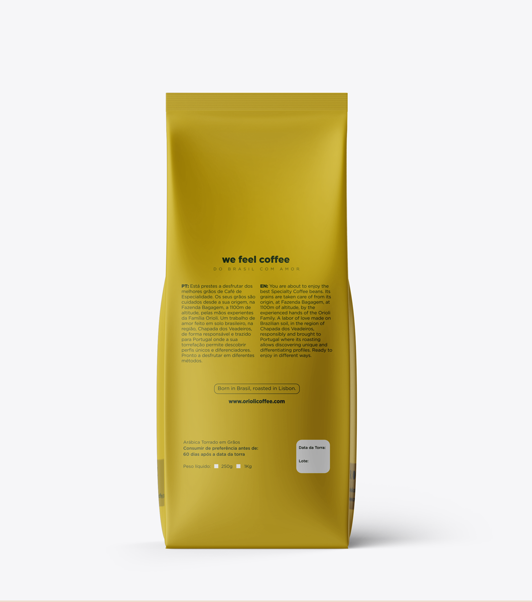 Yellow coffee bag with text on a white background