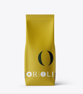 Yellow coffee bag with 'Oroli Coffee' branding on a white background