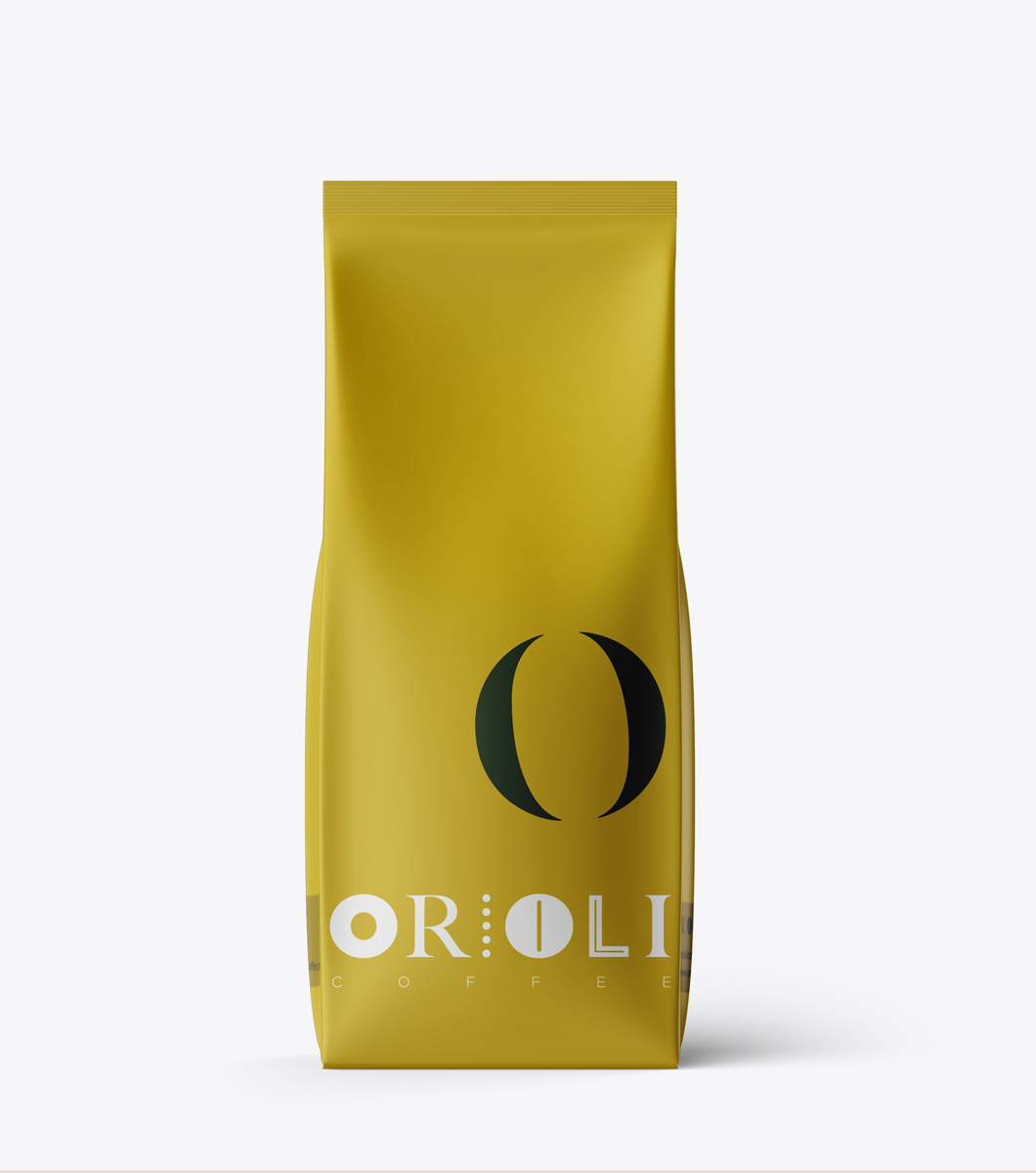 Yellow coffee bag with 'Oroli Coffee' branding on a white background