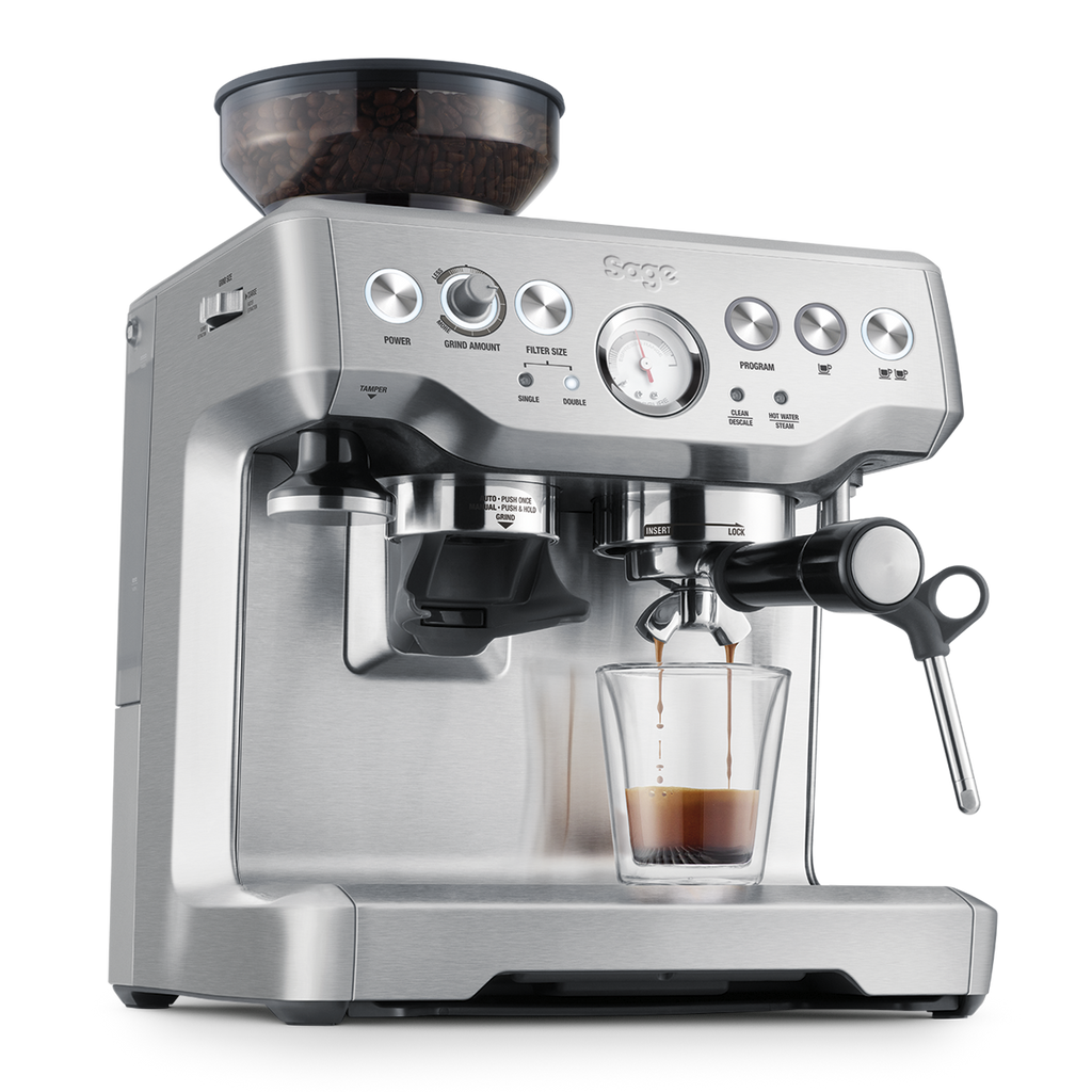 Sage espresso machine with a glass of coffee on a white background