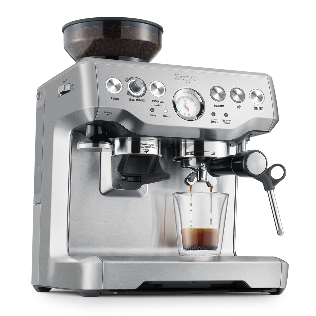 Sage espresso machine with a glass of coffee on a white background