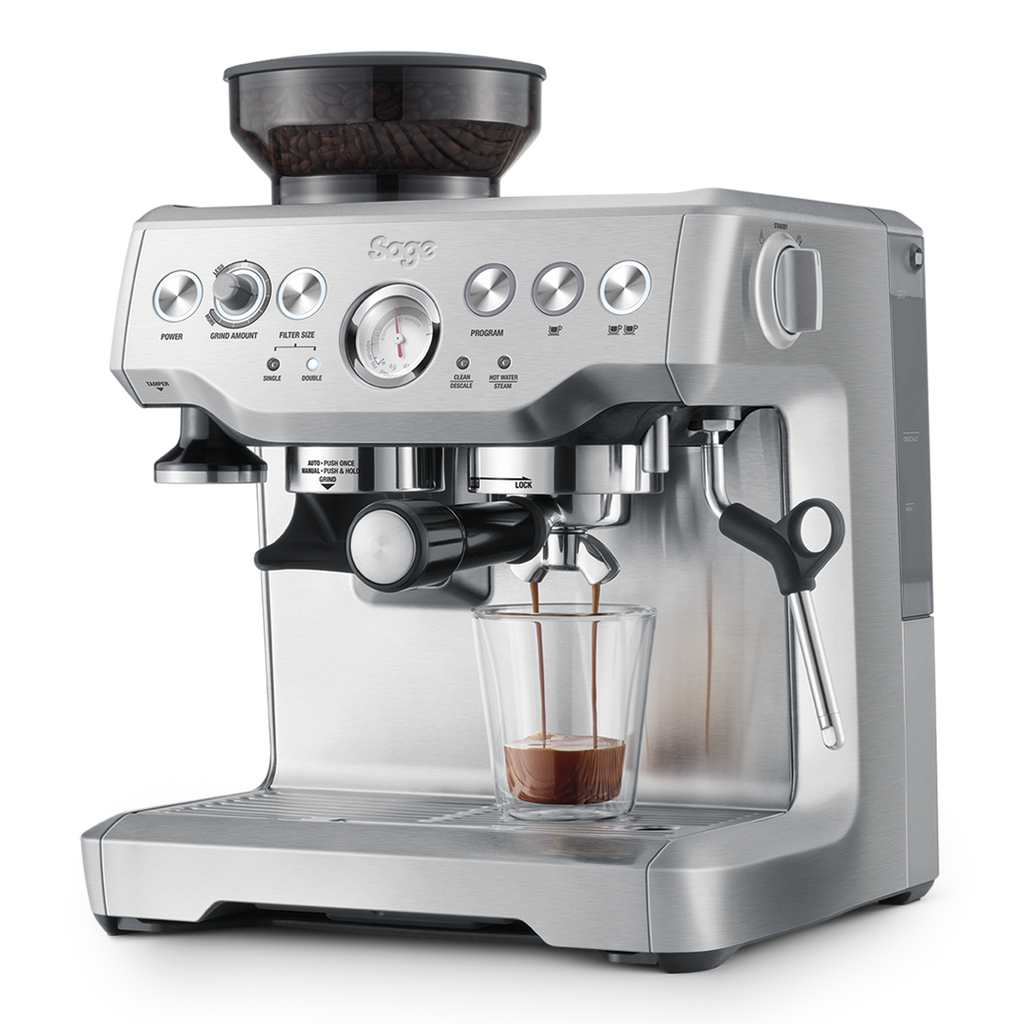 Sage espresso machine with a glass of coffee on a white background