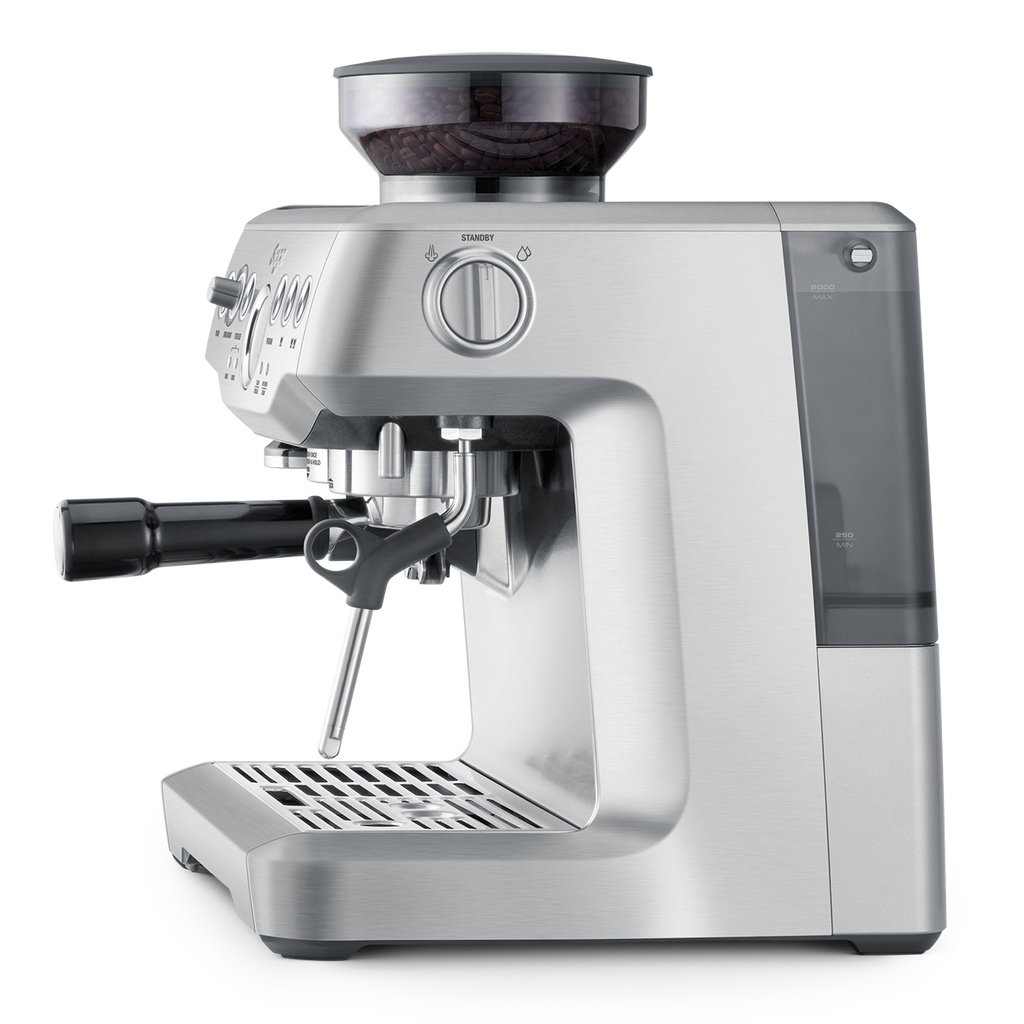 Sage silver espresso machine on a white background