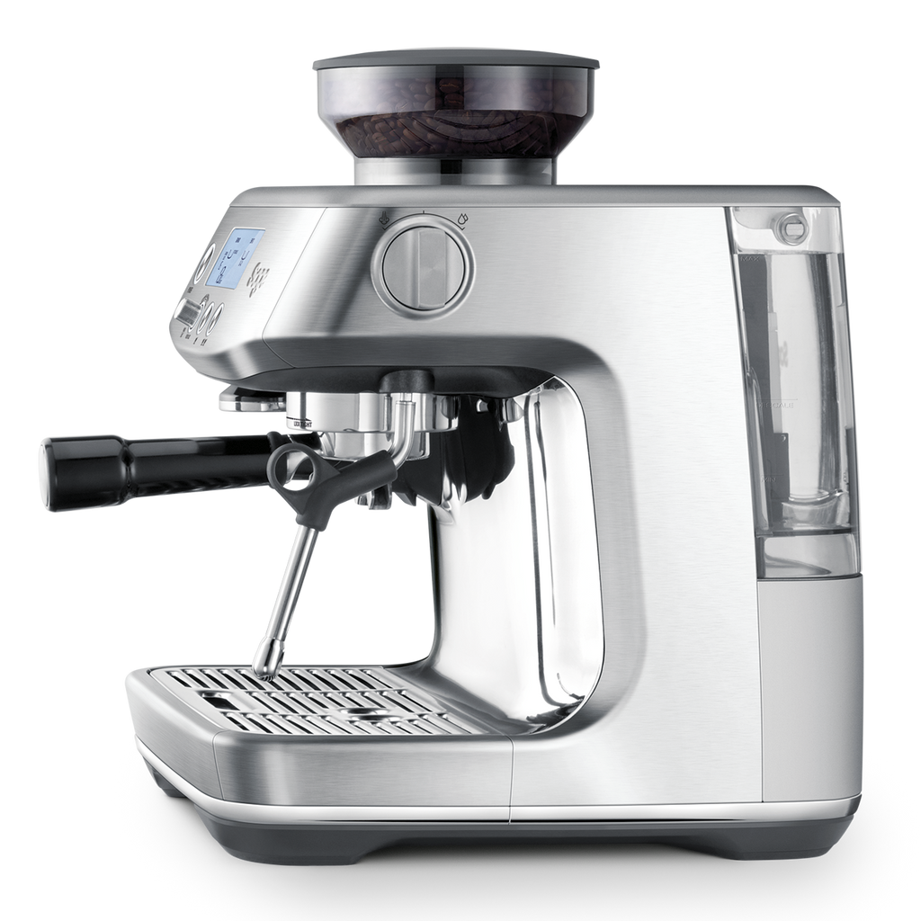 Sage silver espresso machine on a white background