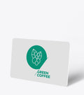 Card with green coffee logo and text on a white background